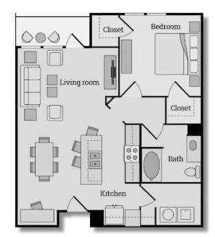 Floor plan for 1 bed, 1 bath, 857 sqft